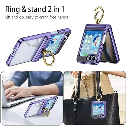 Designed for Samsung Galaxy Z Flip 6/5 Case with Ring Holder Clear Purple | Hinge Protection & Screen Protector,Ultra Slim Crystal Plating Protective Cover for Z Flip 6/5 - 5