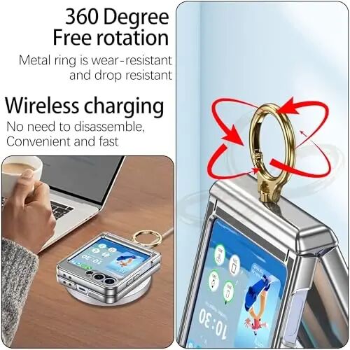 Designed for Samsung Galaxy Z Flip 6/5 Case with Ring Holder Clear Silver | Hinge Protection & Screen Protector,Ultra Slim Crystal Plating Protective Cover for Z Flip 6/5 - SQMCase (1)