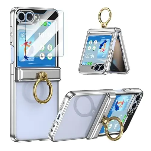 Designed for Samsung Galaxy Z Flip 6/5 Case with Ring Holder Clear Silver | Hinge Protection & Screen Protector,Ultra Slim Crystal Plating Protective Cover for Z Flip 6/5 - 1