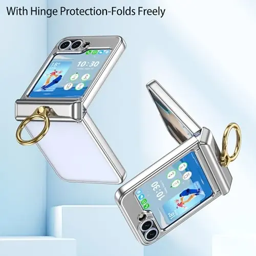 Designed for Samsung Galaxy Z Flip 6/5 Case with Ring Holder Clear Silver | Hinge Protection & Screen Protector,Ultra Slim Crystal Plating Protective Cover for Z Flip 6/5 - 3