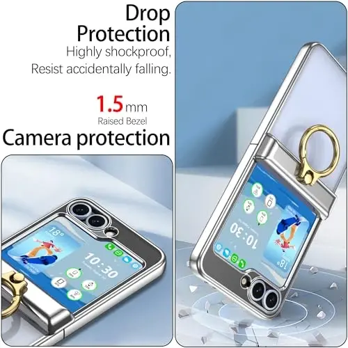 Designed for Samsung Galaxy Z Flip 6/5 Case with Ring Holder Clear Silver | Hinge Protection & Screen Protector,Ultra Slim Crystal Plating Protective Cover for Z Flip 6/5 - 4