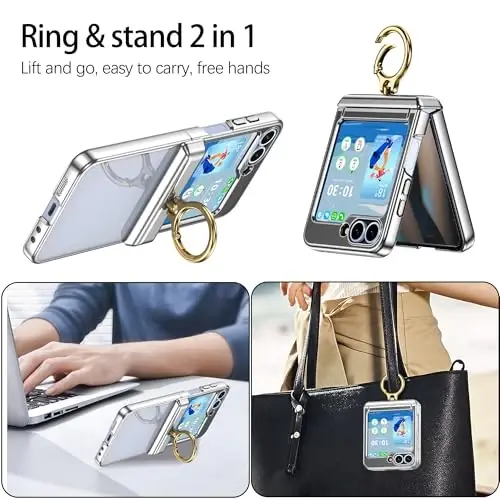 Designed for Samsung Galaxy Z Flip 6/5 Case with Ring Holder Clear Silver | Hinge Protection & Screen Protector,Ultra Slim Crystal Plating Protective Cover for Z Flip 6/5 - 5
