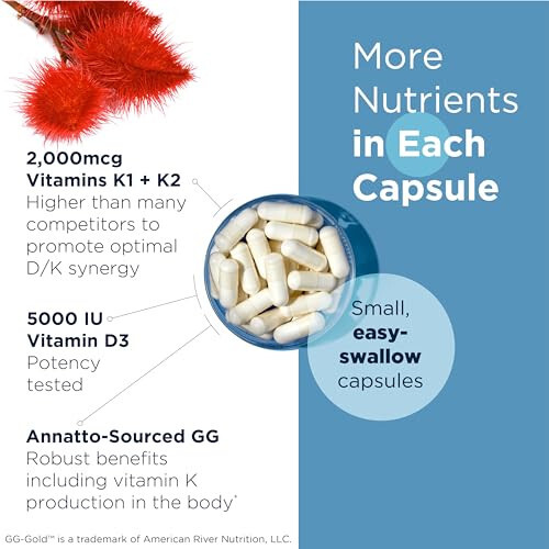 Designs for Health Vitamin D Supreme - Vitamin D 5000 IU va 2000mcg Vitamin K (MK4) Suyak, Yurak Sog'ligi va Immunitetni Qo'llab-quvvatlash uchun - GG Qo'shimchasi bilan Boyitilgan Vitamin D3 (60 Kapsula) - 5