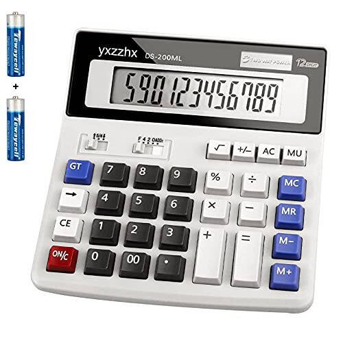 Desk Calculator 12 Digit Extra Large 4.3-Inch LCD Display, Two Way Power Battery and Solar Calculators Desktop, Big Buttons Easy to Press Used as Office Calculators for Desk White - 1