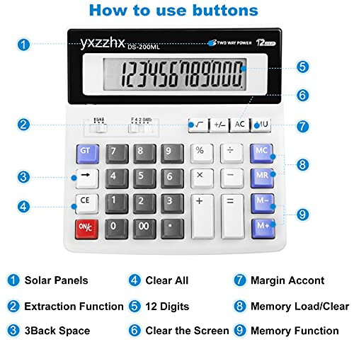 Desk Calculator 12 Digit Extra Large 4.3-Inch LCD Display, Two Way Power Battery and Solar Calculators Desktop, Big Buttons Easy to Press Used as Office Calculators for Desk White - 2