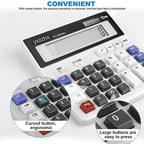 Desk Calculator 12 Digit Extra Large 4.3-Inch LCD Display, Two Way Power Battery and Solar Calculators Desktop, Big Buttons Easy to Press Used as Office Calculators for Desk White - 5