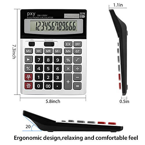 Desk Calculator 12 Digit Extra Large LCD Display, Touch Comfortable with Big Buttons, PXY Two Way Power Battery and Solar Standard Function Office Calculators - 2