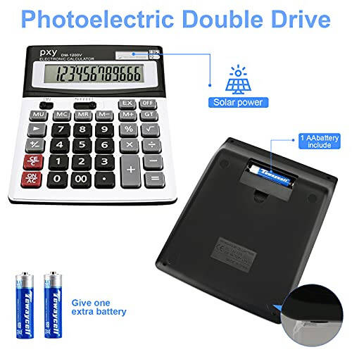 Desk Calculator 12 Digit Extra Large LCD Display, Touch Comfortable with Big Buttons, PXY Two Way Power Battery and Solar Standard Function Office Calculators - 3