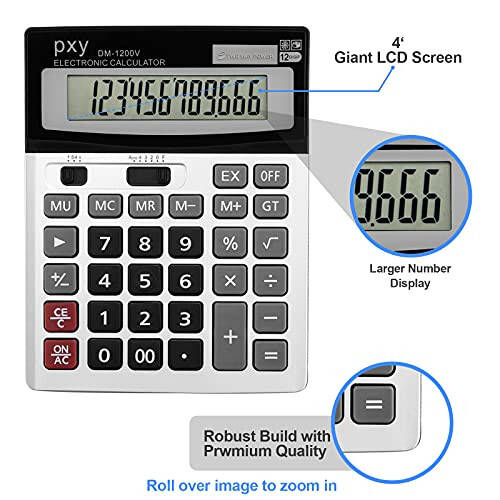 Desk Calculator 12 Digit Extra Large LCD Display, Touch Comfortable with Big Buttons, PXY Two Way Power Battery and Solar Standard Function Office Calculators - 4