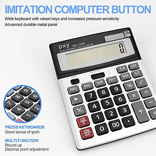 Desk Calculator 12 Digit Extra Large LCD Display, Touch Comfortable with Big Buttons, PXY Two Way Power Battery and Solar Standard Function Office Calculators - 5