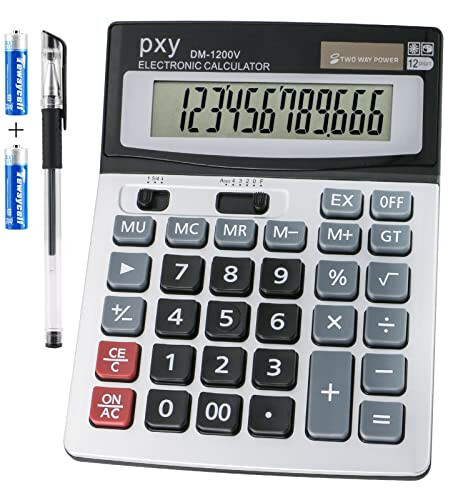 Desk Calculator 12 Digit Extra Large LCD Display, Touch Comfortable with Big Buttons, PXY Two Way Power Battery and Solar Standard Function Office Calculators - pxy