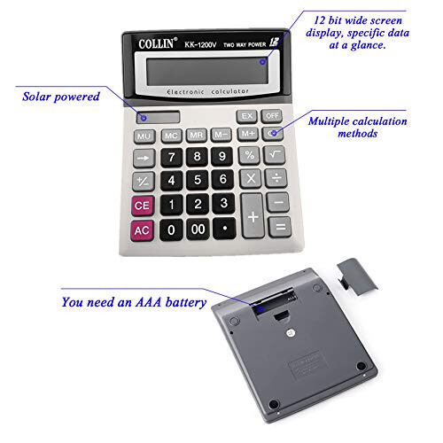 Desk Calculator, 12-Digit Solar Battery Office Calculator with Large LCD Display Big Sensitive Button, Dual Power Desktop Calculators - 3