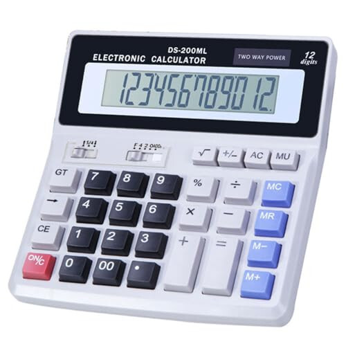 Desk Calculator Large 12 Digit Display, Dual Power Basic Calculator Desktop, Big Button for Office, Business, Home and School (Grey) - 1