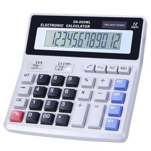 Desk Calculator Large 12 Digit Display, Dual Power Basic Calculator Desktop, Big Button for Office, Business, Home and School (Grey) - 1