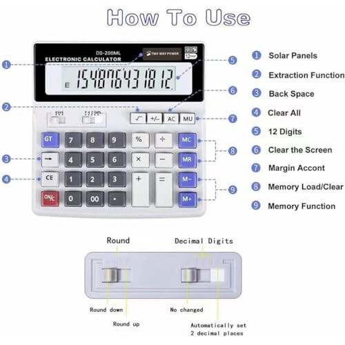 Desk Calculator Large 12 Digit Display, Dual Power Basic Calculator Desktop, Big Button for Office, Business, Home and School (Grey) - 3