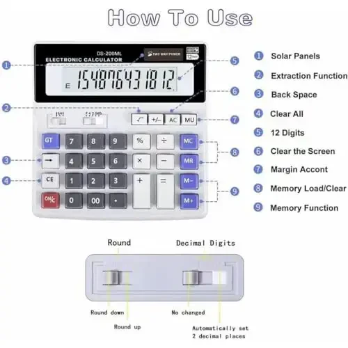 Desk Calculator Large 12 Digit Display, Dual Power Basic Calculator Desktop, Big Button for Office, Business, Home and School (Grey) - 2