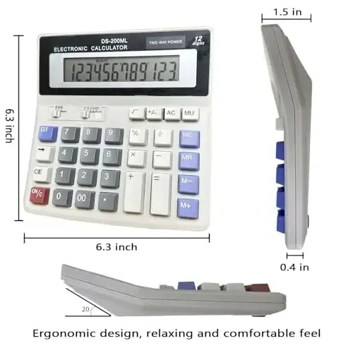 Desk Calculator Large 12 Digit Display, Dual Power Basic Calculator Desktop, Big Button for Office, Business, Home and School (Grey) - 4