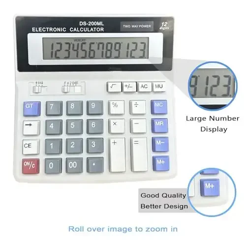 Desk Calculator Large 12 Digit Display, Dual Power Basic Calculator Desktop, Big Button for Office, Business, Home and School (Grey) - 5