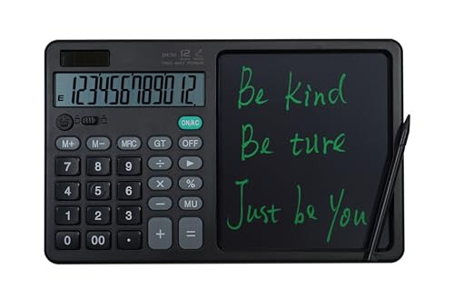 Desk Calculator Large Display with 7'' Erasable Writing Pad, 12 Digits Large Screen Display Jumbo Calculadora, Solar & Battery Powered Big Button Calculators for Business Office School, Black - 1