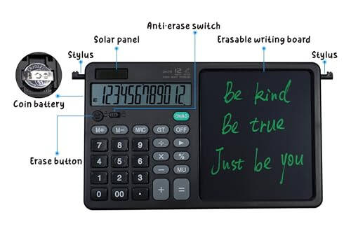 Desk Calculator Large Display with 7'' Erasable Writing Pad, 12 Digits Large Screen Display Jumbo Calculadora, Solar & Battery Powered Big Button Calculators for Business Office School, Black - 2