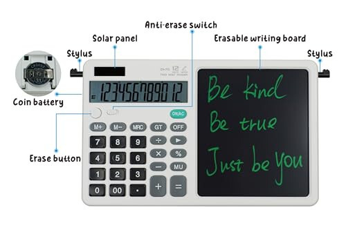 Desk Calculator Large Display with 7'' Erasable Writing Pad, 12 Digits Large Screen Display Jumbo Calculadora, Solar & Battery Powered Big Button Calculators for Business Office School, White - 2