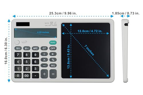 Desk Calculator Large Display with 7'' Erasable Writing Pad, 12 Digits Large Screen Display Jumbo Calculadora, Solar & Battery Powered Big Button Calculators for Business Office School, White - 3