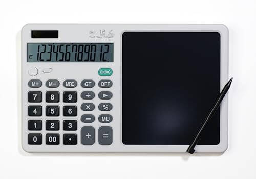 Desk Calculator Large Display with 7'' Erasable Writing Pad, 12 Digits Large Screen Display Jumbo Calculadora, Solar & Battery Powered Big Button Calculators for Business Office School, White - 4