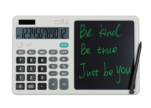 Desk Calculator Large Display with 7'' Erasable Writing Pad, 12 Digits Large Screen Display Jumbo Calculadora, Solar & Battery Powered Big Button Calculators for Business Office School, White - Yinow