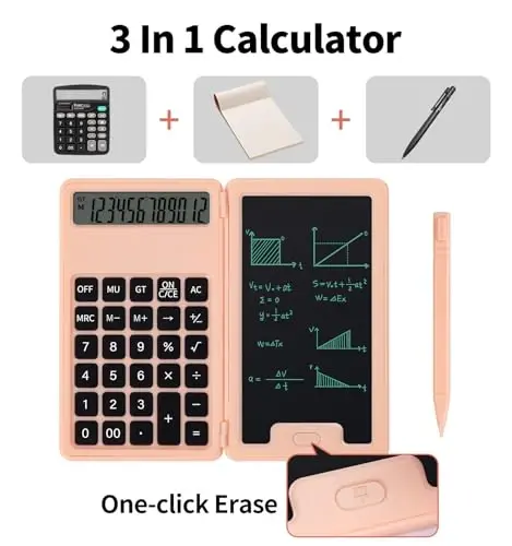 Desk Calculator, Portable Calculator with Notepad, Basic Calculator with Writing Tablet, 12 Digit Large Display Calculators with Stylus, Multi-Function Calculator for Office, School & Home(Pink) - PINDDA (1)