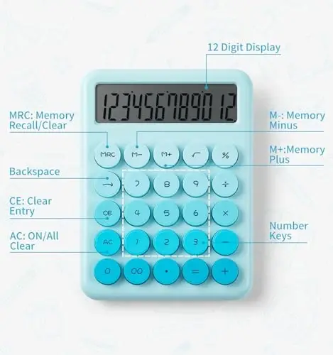 Desk Cute Blue Calculator with Big Buttons, Calculators Desktop, 12 Digit with Large LCD Display, Basic Standard Calculator,Mechanical Switch Aesthetic Calculators Office Supplies for Home and School - 4