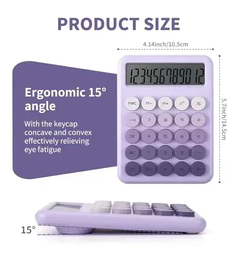 Desk Cute Purple Calculator with Big Buttons, Calculators Desktop, 12 Digit with Large LCD Display,Basic Standard Calculator,Mechanical Switch Aesthetic Calculators Office Supplies for Home and School - 2