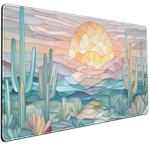 Desk Mat Gaming Abstract Ocean Desk Pad Large Mouse and Keyboard Pad, Faux Stained Glass Sun & Waves Mouse Mat XXL Desk Protector, Computer Mats for Desktop Sun & Waves Office Decor 31.5
