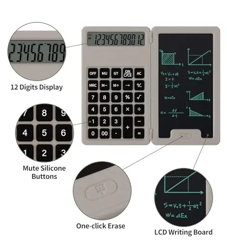Desk Portable Basic Calculator with Notepad and Stylus, 12 Digit Large Display Multi-Function for Office, School, Home & Basic Financial (Khaki) - 3