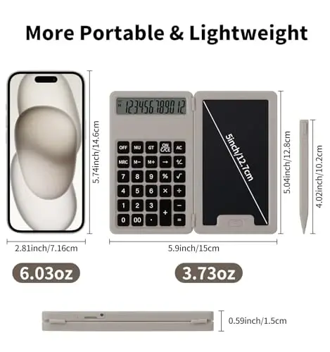 Desk Portable Basic Calculator with Notepad and Stylus, 12 Digit Large Display Multi-Function for Office, School, Home & Basic Financial (Khaki) - 5