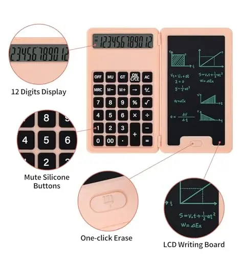 Desk Portable Basic Calculator with Notepad and Stylus, 12 Digit Large Display Multi-Function for Office, School, Home & Basic Financial (Pink) - 3