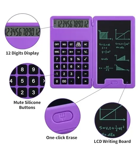 Desk Portable Calculator, Small Calculators with Writing Notepad, Purple | Basic Calculator, More Lightweight and Portable, 12 Digit Large Display Multi-Function for Office, Home & Financial (Purple) - 3