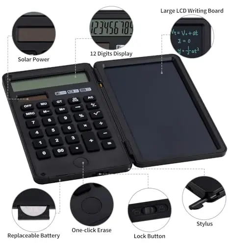 Desk Portable Large Calculator, Small Calculator with Writing Notepad,Black | Basic Calculator, More Lightweight and Portable, 12 Digit Large Display Multi-Function for Office, Home & Financial (Black) - 3
