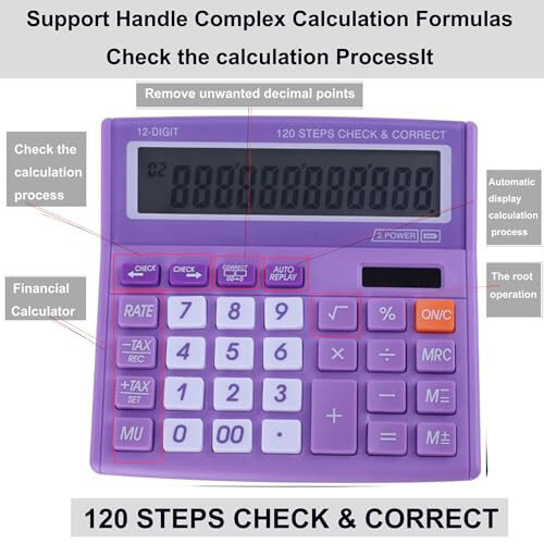 Desktop Calculator Basic Office Desk Calculator 12 Digit with Solar Power and Easy to Read LCD Display, Big Buttons, for Home, Office, School, Class and Business, with Battery - Purple - 2