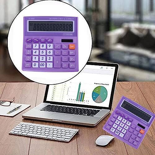 Desktop Calculator Basic Office Desk Calculator 12 Digit with Solar Power and Easy to Read LCD Display, Big Buttons, for Home, Office, School, Class and Business, with Battery - Purple - 4