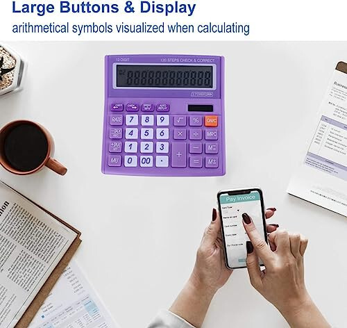 Desktop Calculator Basic Office Desk Calculator 12 Digit with Solar Power and Easy to Read LCD Display, Big Buttons, for Home, Office, School, Class and Business, with Battery - Purple - 5