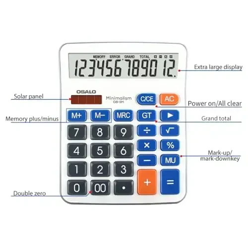Desktop Calculator Extra Large 5-Inch Clear LCD Display 12-Digit Big Number Button Office Calculator with Auto Sleep Function (OS-5M) - 5