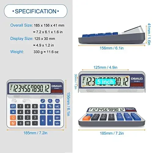 Desktop Calculator Extra Large 5-Inch LCD Display 12-Digit Big Number Accounting Calculator with Giant Response Button, Battery & Solar Powered, Perfect for Office Business Home Daily Use(6815-2pcs) - 3