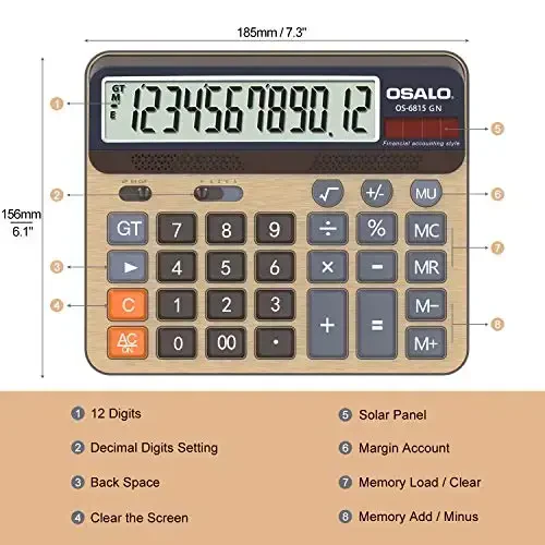 Desktop Calculator Extra Large 5-Inch LCD Display 12-Digit Big Number Accounting Calculator with Giant Response Button, Battery & Solar Powered, Perfect for Office Business Home Daily Use(OS-6815GN) - 5