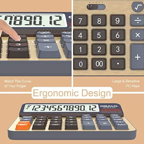 Desktop Calculator Extra Large 5-Inch LCD Display 12-Digit Big Number Accounting Calculator with Giant Response Button, Battery & Solar Powered, Perfect for Office Business Home Daily Use(OS-6815GN) - 6