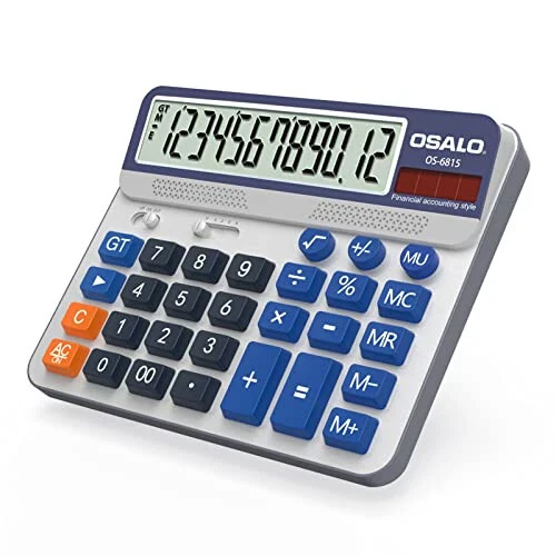 Desktop Calculator Extra Large 5in LCD Display 12-Digit Big Button Giant Accounting Calculator, Battery & Solar Powered, for Office Business & Home (OS-6815) 