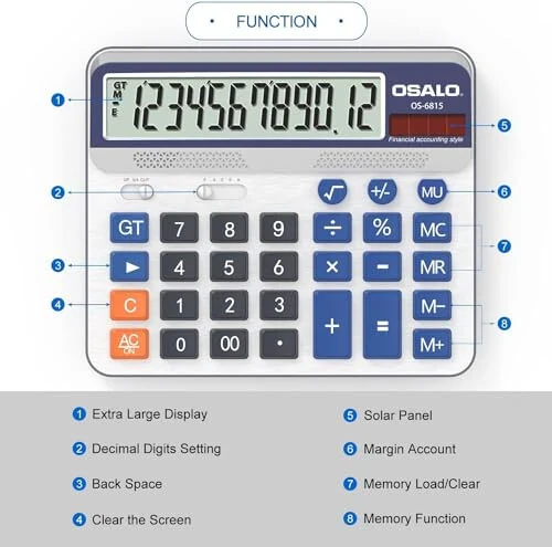 Desktop Calculator Extra Large 5in LCD Display 12-Digit Big Button Giant Accounting Calculator, Battery & Solar Powered, for Office Business & Home (OS-6815) - 5