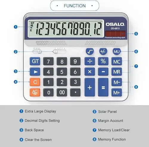 Desktop Calculator Extra Large 5in LCD Display 12-Digit Big Button Giant Accounting Calculator, Battery & Solar Powered, for Office Business & Home (OS-6815) - 5
