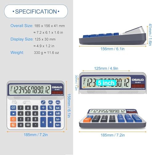 Desktop Calculator Extra Large 5in LCD Display 12-Digit Big Button Giant Accounting Calculator, Battery & Solar Powered, for Office Business & Home (OS-6815) - 4