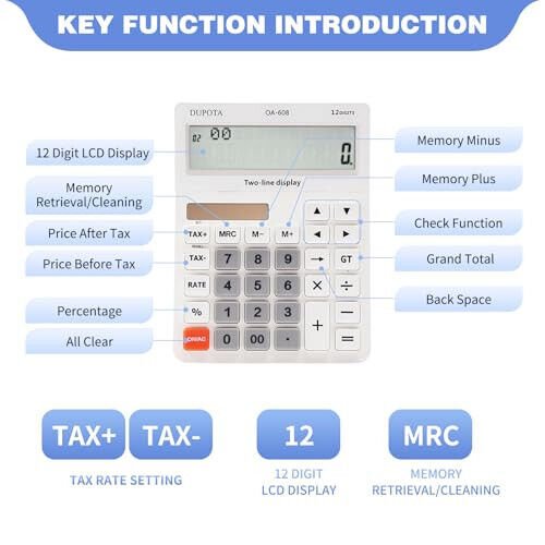 Desktop Calculator Large Display Big Buttons with 12 Digits 2-line LCD, Dual Solar Power and Battery, Calculator with Tax and Check Function for Office, Home, School and Business （OA-608） - DUPOTA
