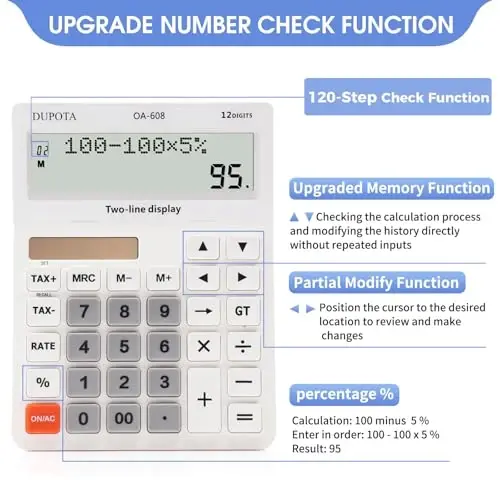 Desktop Calculator Large Display Big Buttons with 12 Digits 2-line LCD, Dual Solar Power and Battery, Calculator with Tax and Check Function for Office, Home, School and Business （OA-608） - 3